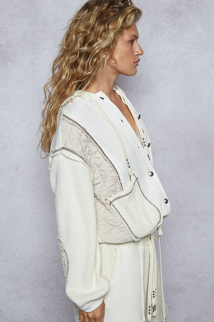 POL Oversized Waffle Thermal and Quilted Mix Fabric Button Down Hooded Jacket