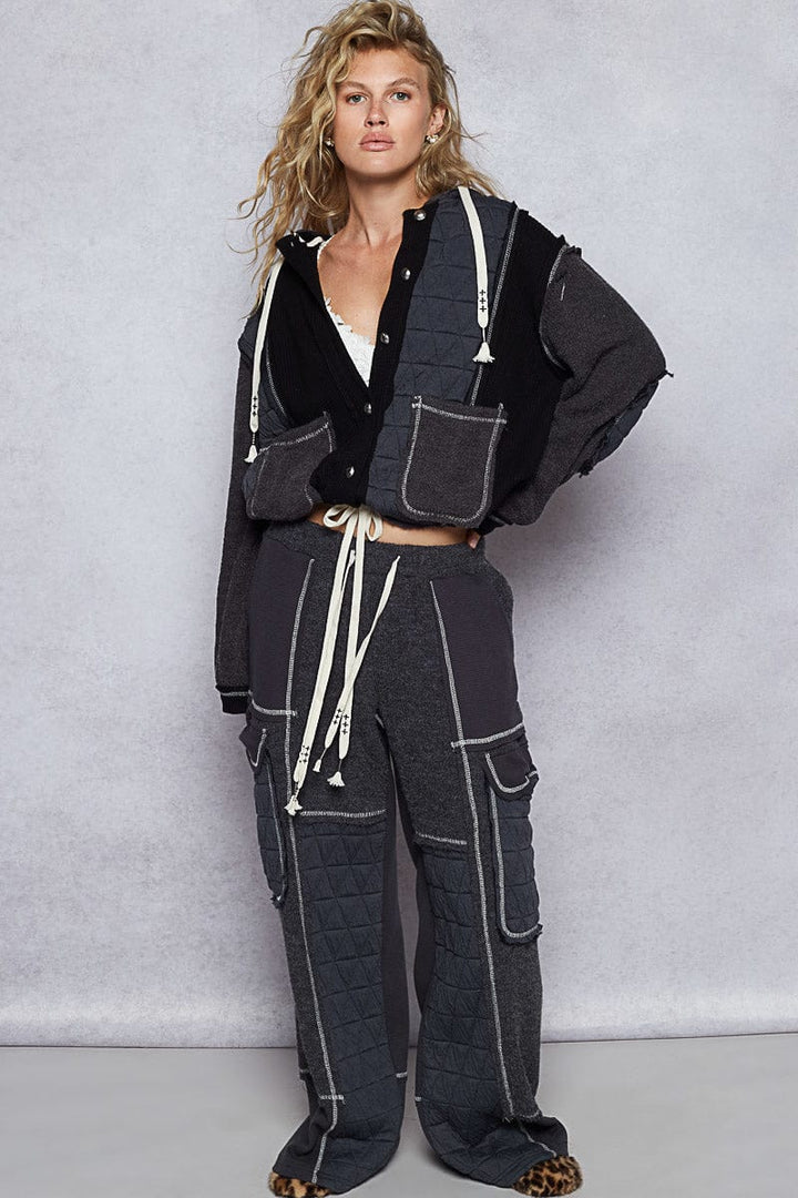 POL Oversized Waffle Thermal and Quilted Mix Fabric Button Down Hooded Jacket