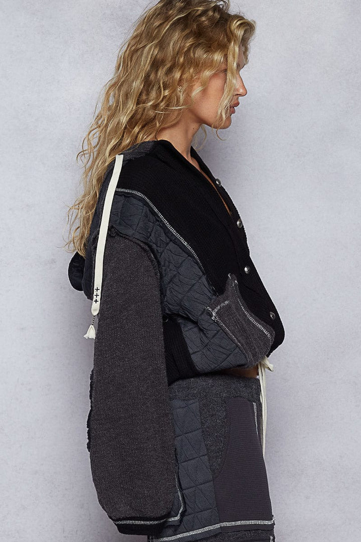POL Oversized Waffle Thermal and Quilted Mix Fabric Button Down Hooded Jacket