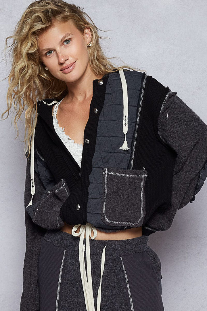 POL Oversized Waffle Thermal and Quilted Mix Fabric Button Down Hooded Jacket