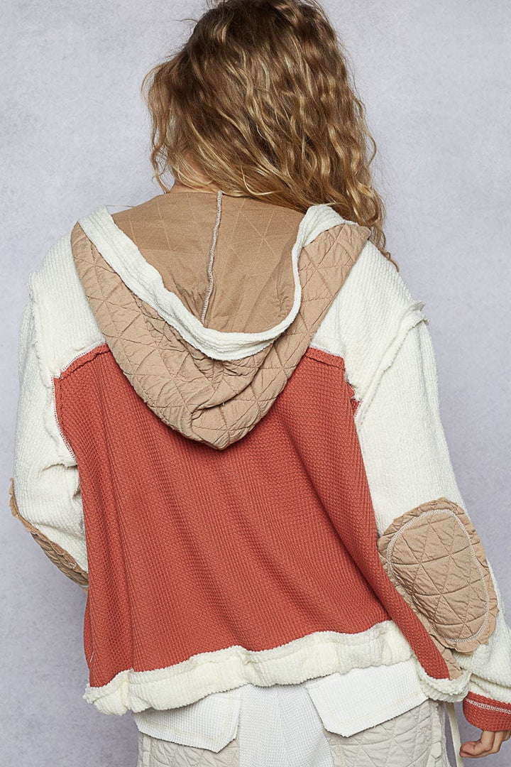 POL Oversized Waffle Thermal and Quilted Mix Fabric Button Down Hooded Jacket