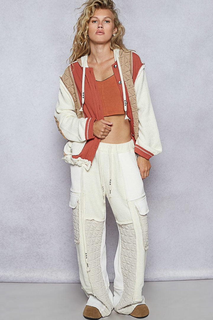POL Oversized Waffle Thermal and Quilted Mix Fabric Button Down Hooded Jacket