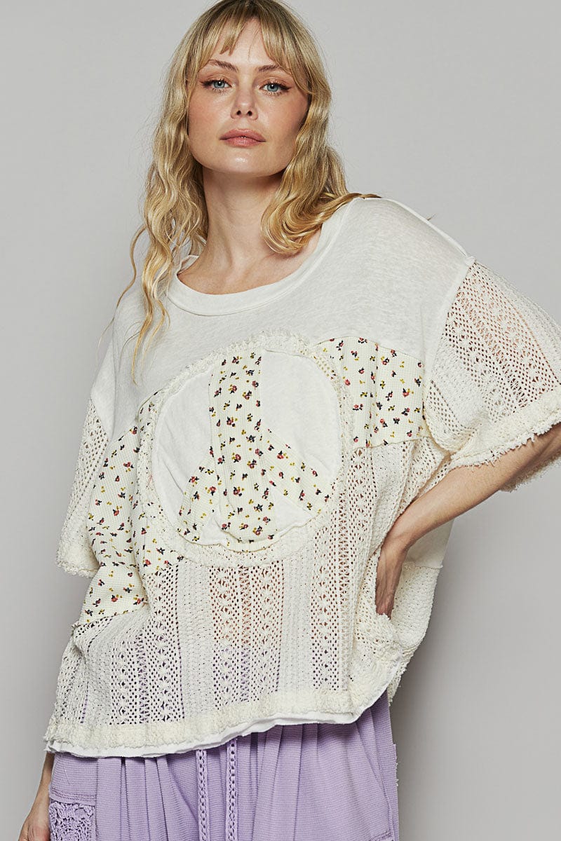 【YOURNUS】Haidi Knit Half Sleeve POL Peace Sign Half Sleeve Knit Cotton and Crochet Mix