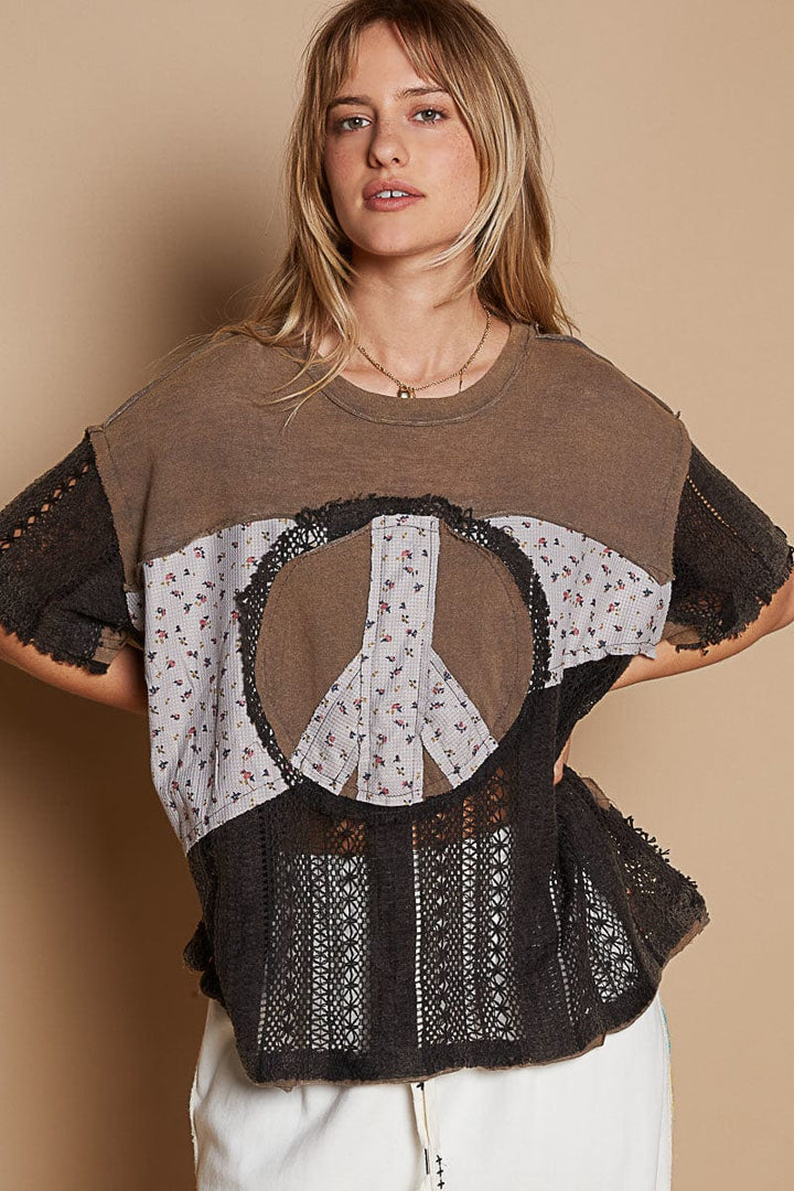 POL Peace Sign Half Sleeve Knit Cotton and Crochet Mix Printed Thermal Top