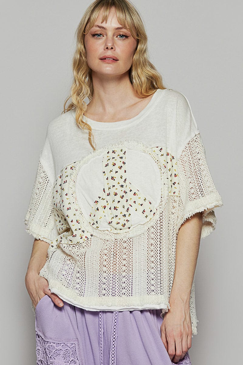 POL Peace Sign Half Sleeve Knit Cotton and Crochet Mix Printed Thermal Top
