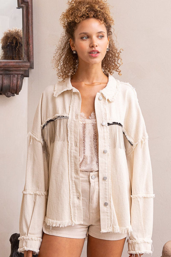 POL Relaxed Fit Cotton Shacket with Fringe Detail