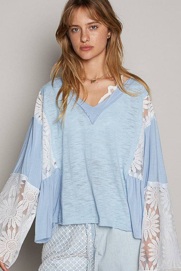 POL Relaxed Fit V-Neck Jersey Top with Sunflower Lace Patches