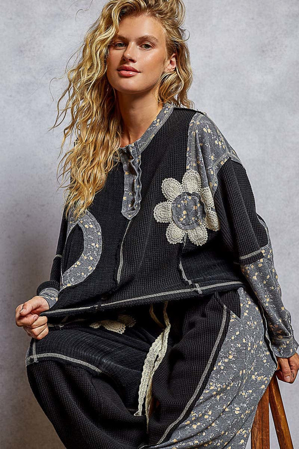 POL Round Henley Button Placket Neckline Oversized Fit Flower and Peace Patchwork Top