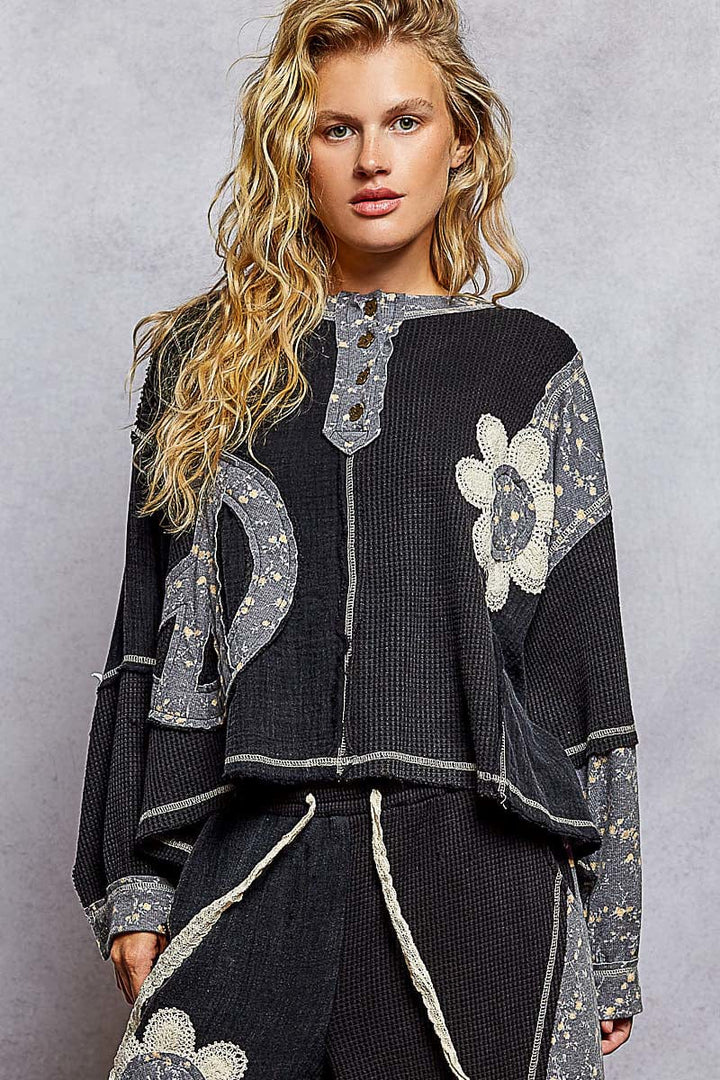 POL Round Henley Button Placket Neckline Oversized Fit Flower and Peace Patchwork Top