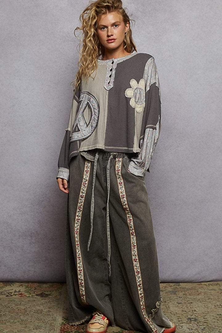POL Round Henley Button Placket Neckline Oversized Fit Flower and Peace Patchwork Top