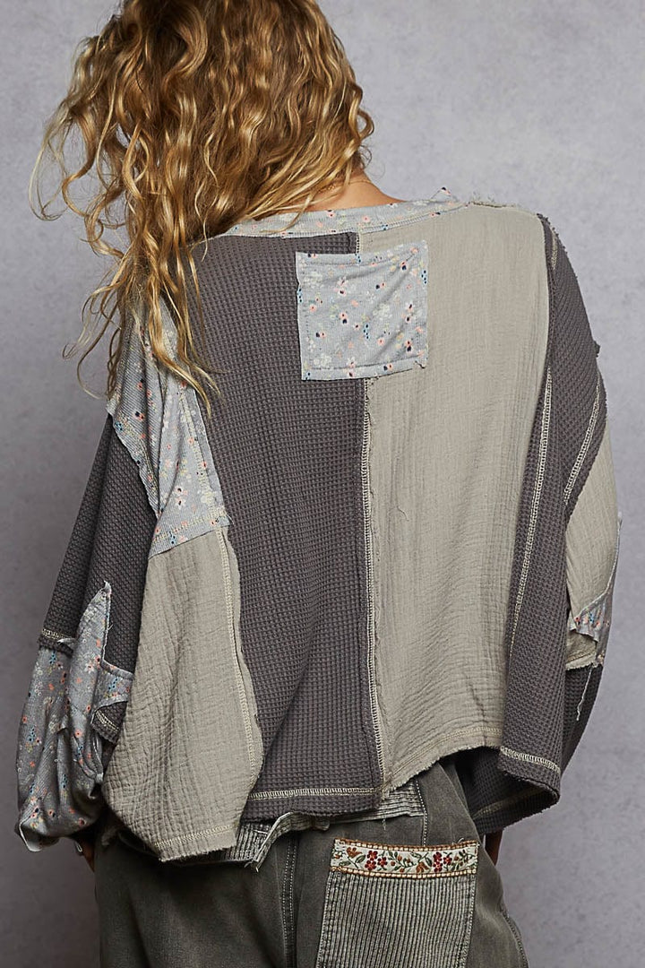 POL Round Henley Button Placket Neckline Oversized Fit Flower and Peace Patchwork Top