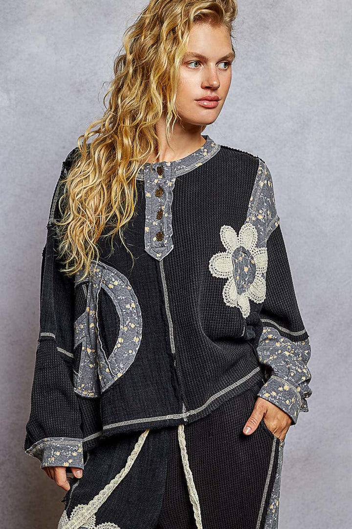 POL Round Henley Button Placket Neckline Oversized Fit Flower and Peace Patchwork Top