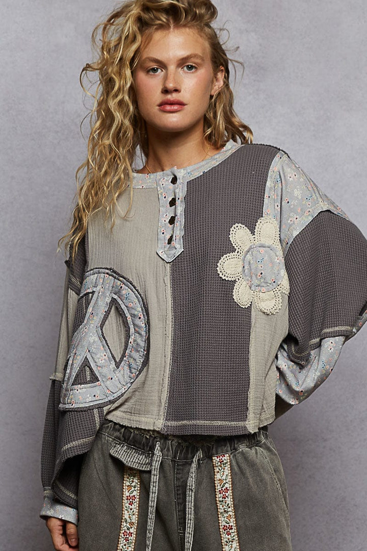 POL Round Henley Button Placket Neckline Oversized Fit Flower and Peace Patchwork Top