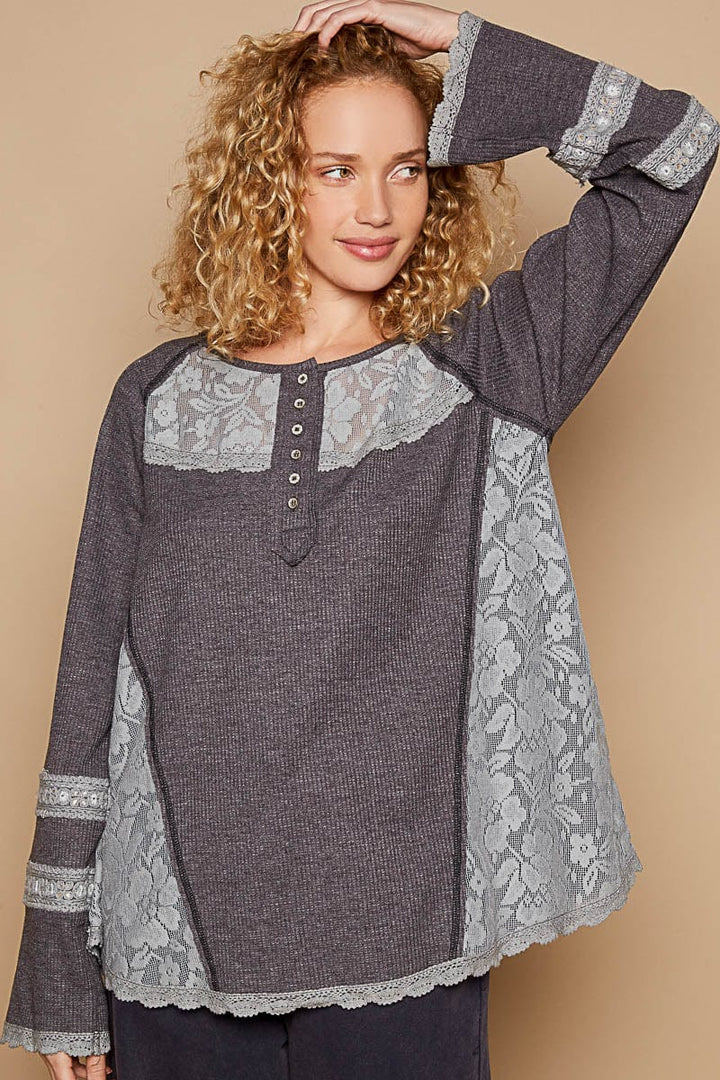 POL Round Henley Neck Raglan Sleeve Lace and Thermal Mix Top