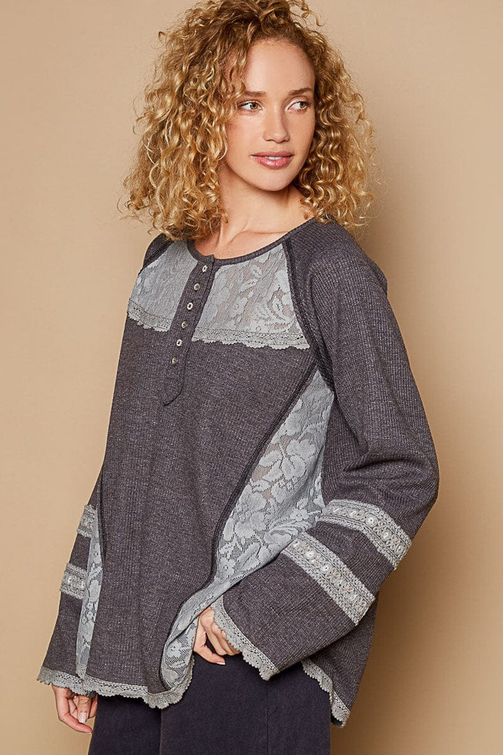 POL Round Henley Neck Raglan Sleeve Lace and Thermal Mix Top