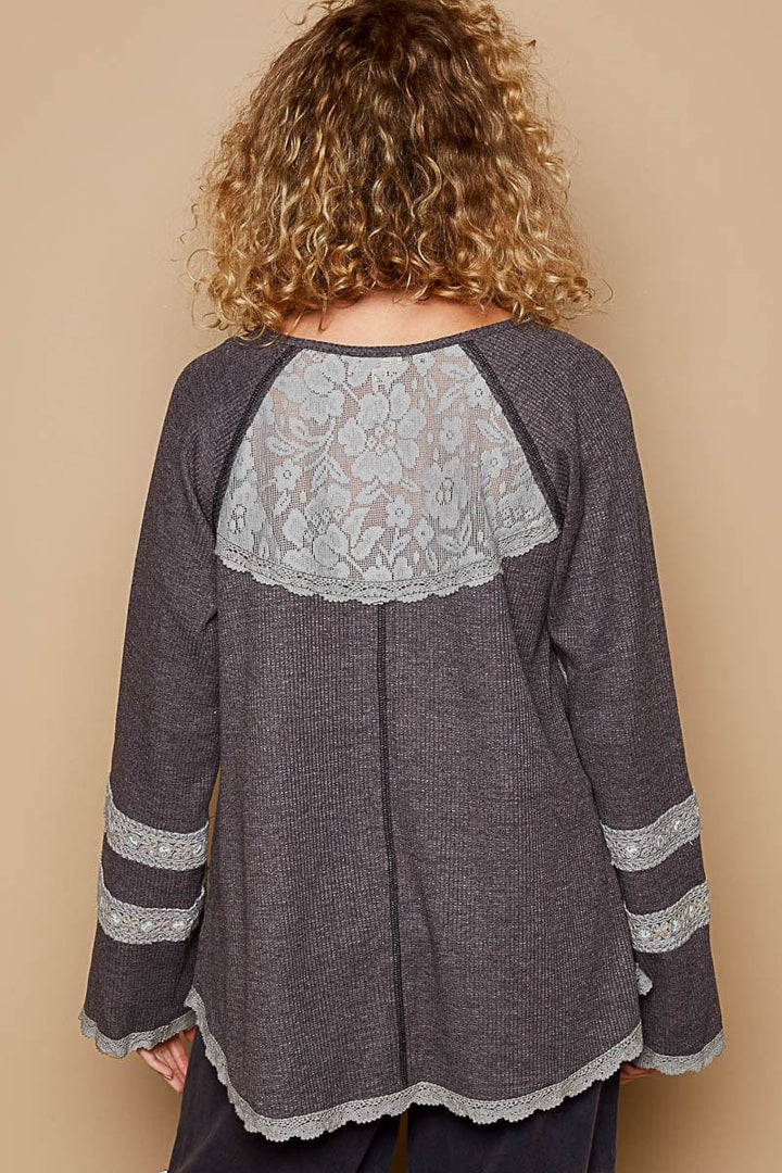 POL Round Henley Neck Raglan Sleeve Lace and Thermal Mix Top