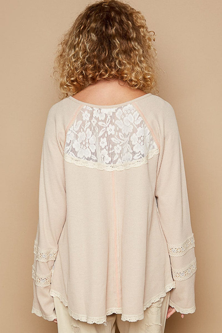 POL Round Henley Neck Raglan Sleeve Lace and Thermal Mix Top