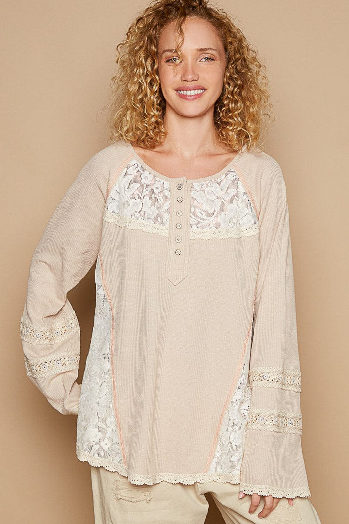 POL Round Henley Neck Raglan Sleeve Lace and Thermal Mix Top