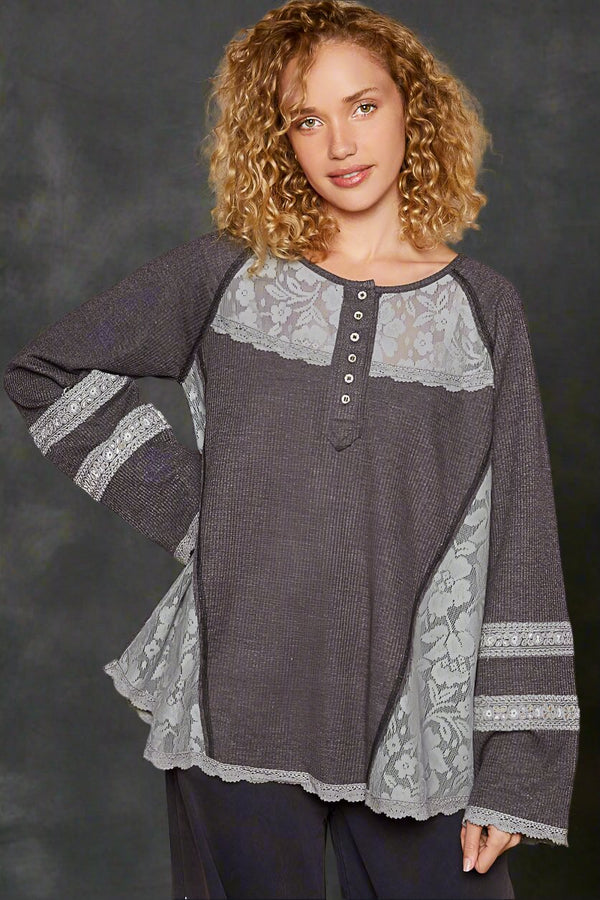 POL Round Henley Neck Raglan Sleeve Lace and Thermal Mix Top