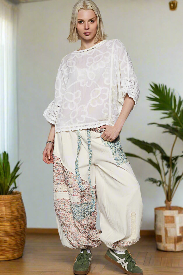 POL Round Neck Lace Crochet Detailed Half Sleeve Floral Embroidered Top
