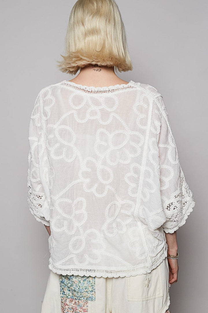 POL Round Neck Lace Crochet Detailed Half Sleeve Floral Embroidered Top