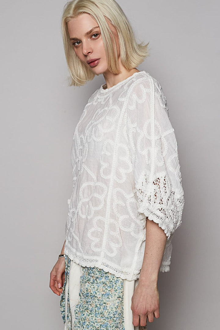 POL Round Neck Lace Crochet Detailed Half Sleeve Floral Embroidered Top