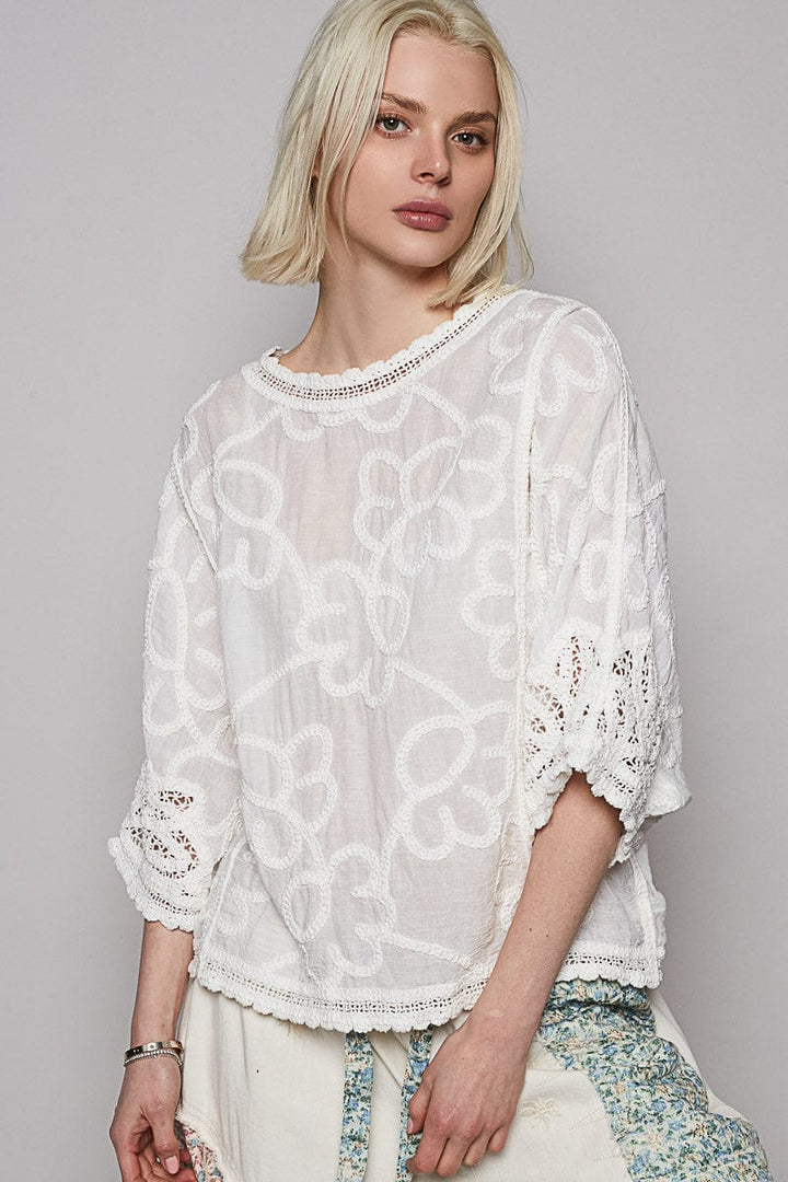 POL Round Neck Lace Crochet Detailed Half Sleeve Floral Embroidered Top