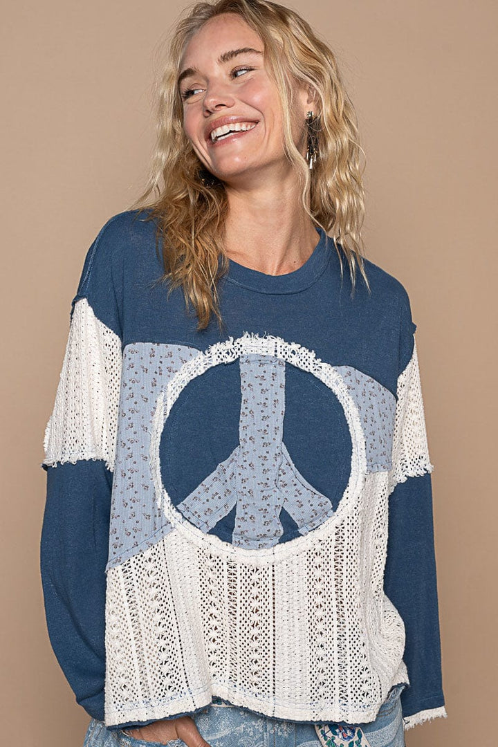 POL Round Neck Long Sleeve Peace Patch Top with Outseam Detailing