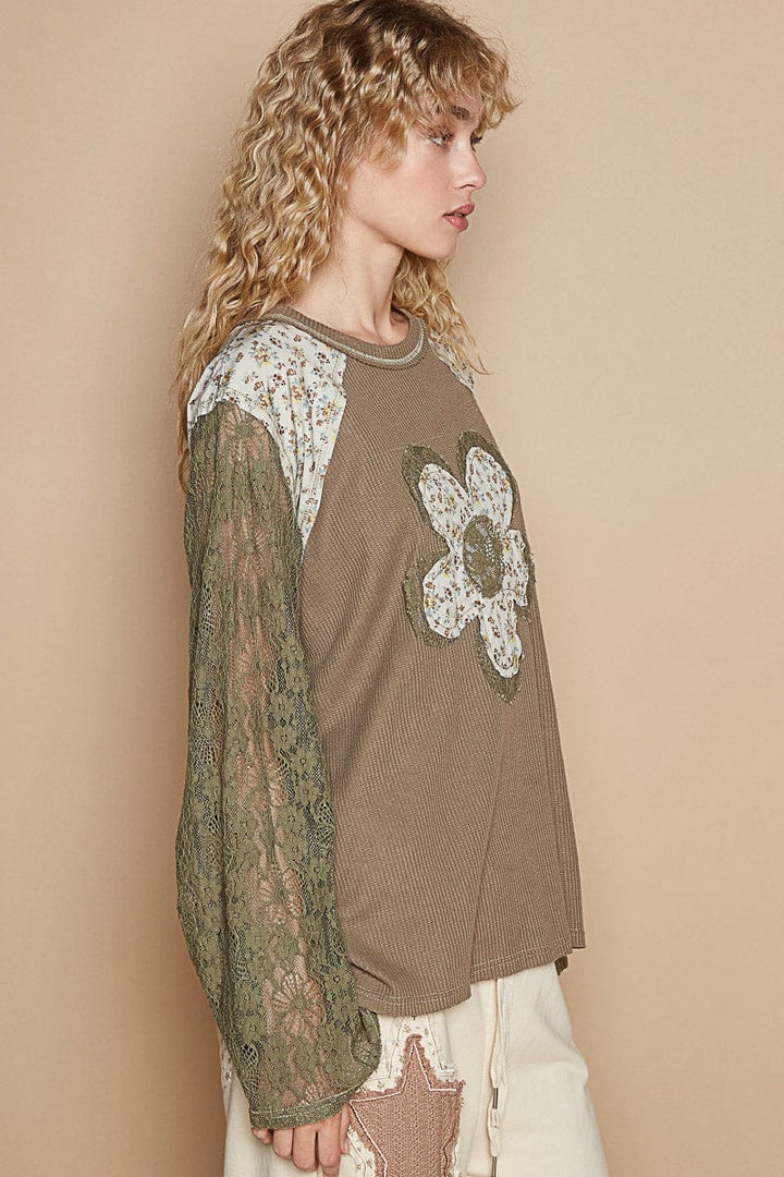 POL Round Neck See-Through Lace Sleeves with Mixed Print Flower Patch