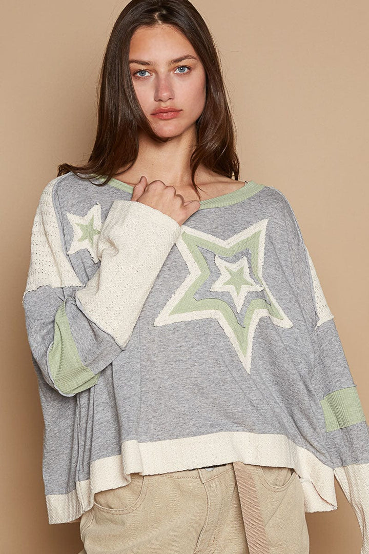 POL Round Neck Star Shape Patchwork Long Sleeve Cropped Knit Top