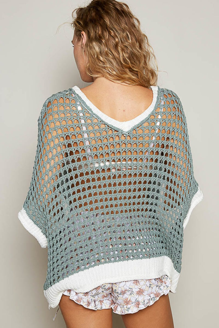 POL Slouchy Crochet Peace Sign Color Blocked Sweater Pullover Top