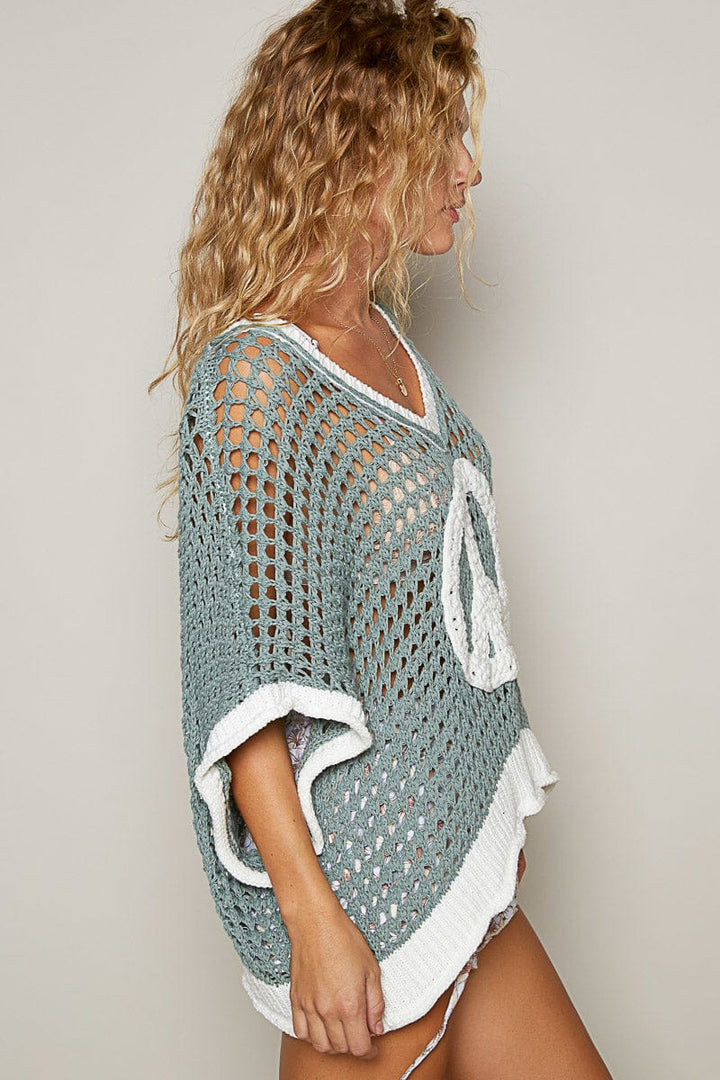 POL Slouchy Crochet Peace Sign Color Blocked Sweater Pullover Top