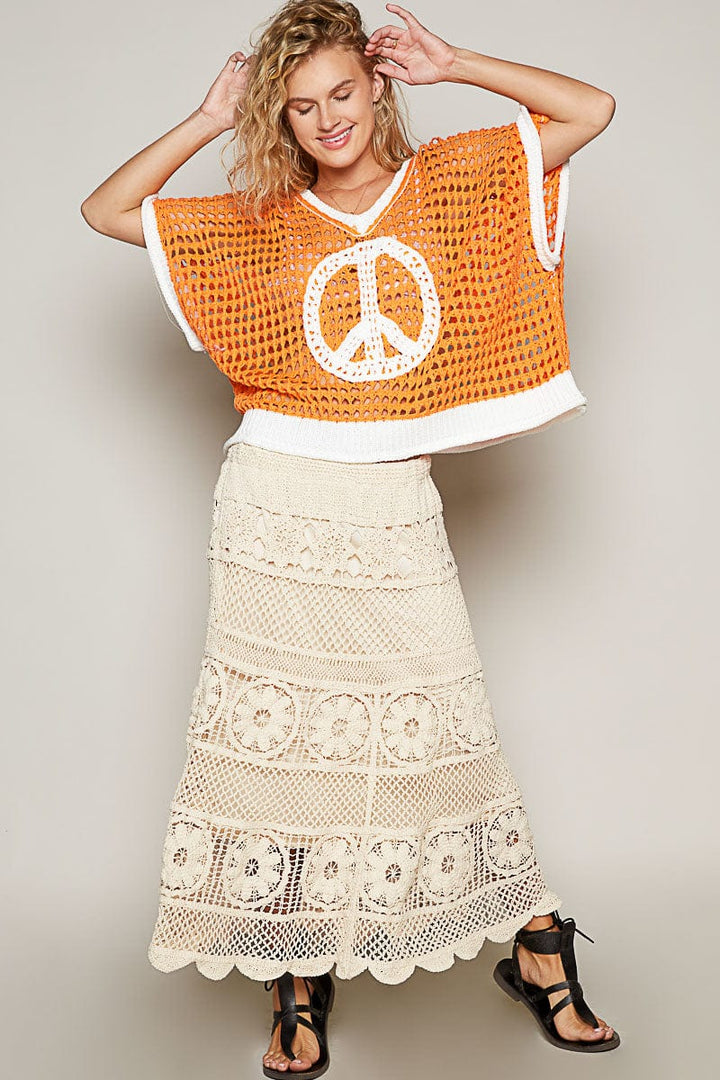 POL Slouchy Crochet Peace Sign Color Blocked Sweater Pullover Top