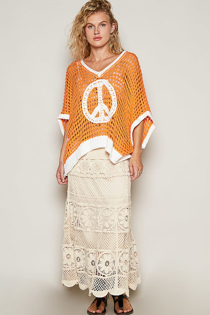 POL Slouchy Crochet Peace Sign Color Blocked Sweater Pullover Top