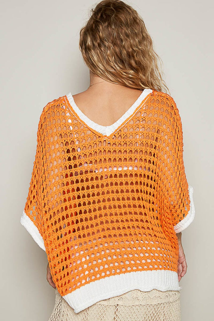POL Slouchy Crochet Peace Sign Color Blocked Sweater Pullover Top