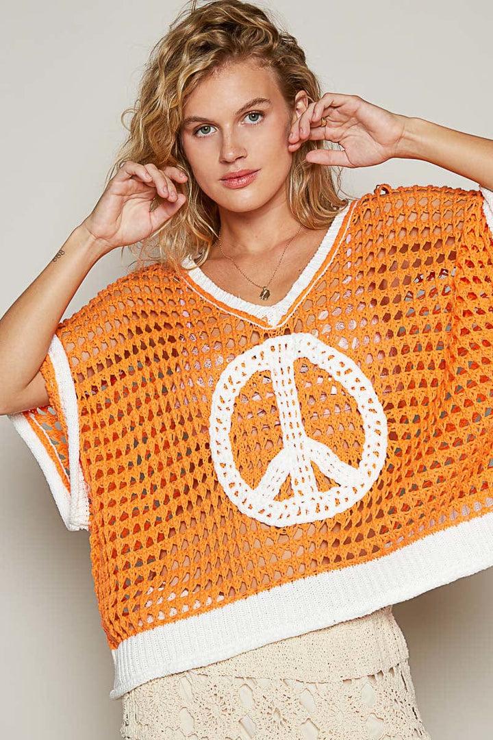 POL Slouchy Crochet Peace Sign Color Blocked Sweater Pullover Top