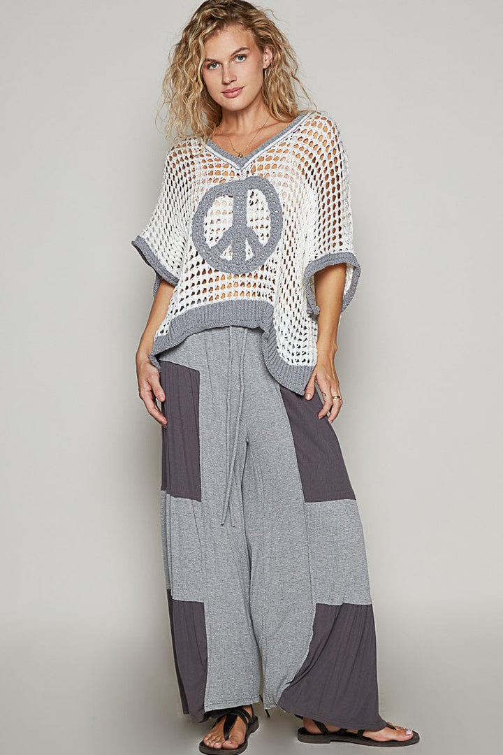 POL Slouchy Crochet Peace Sign Color Blocked Sweater Pullover Top