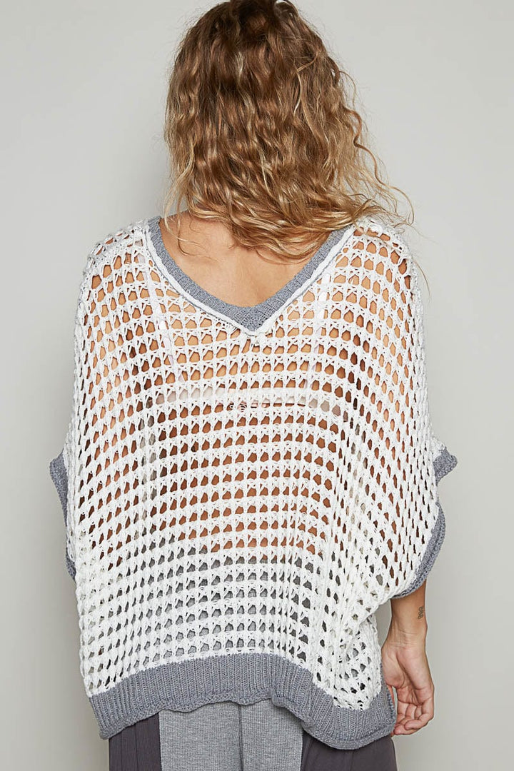 POL Slouchy Crochet Peace Sign Color Blocked Sweater Pullover Top