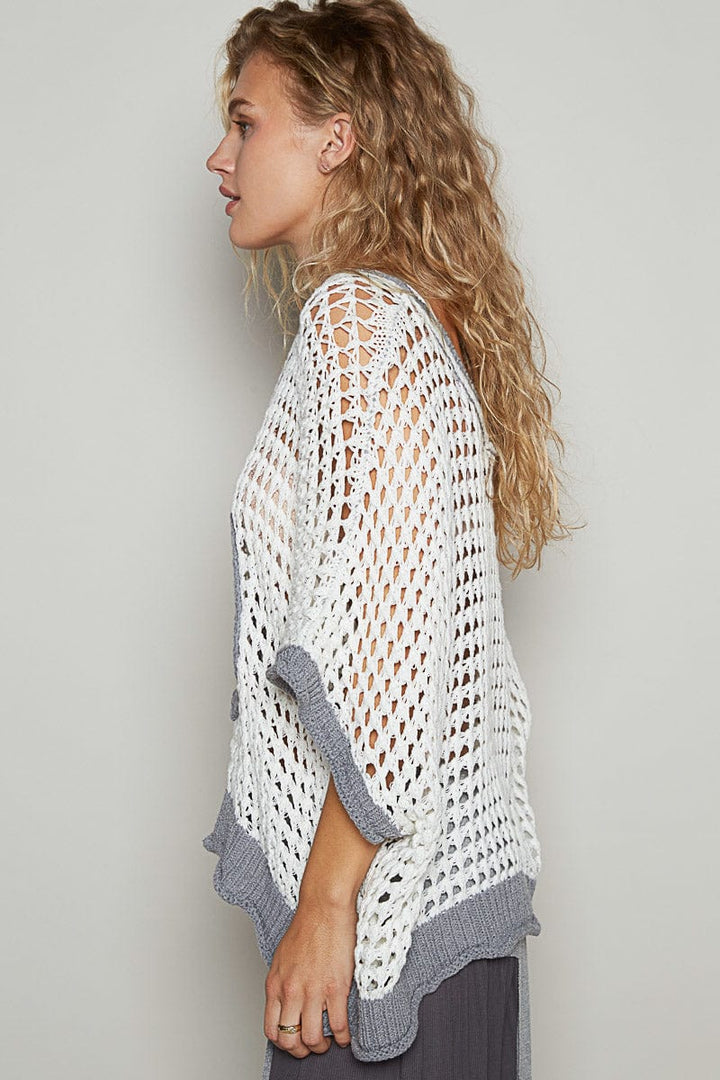 POL Slouchy Crochet Peace Sign Color Blocked Sweater Pullover Top