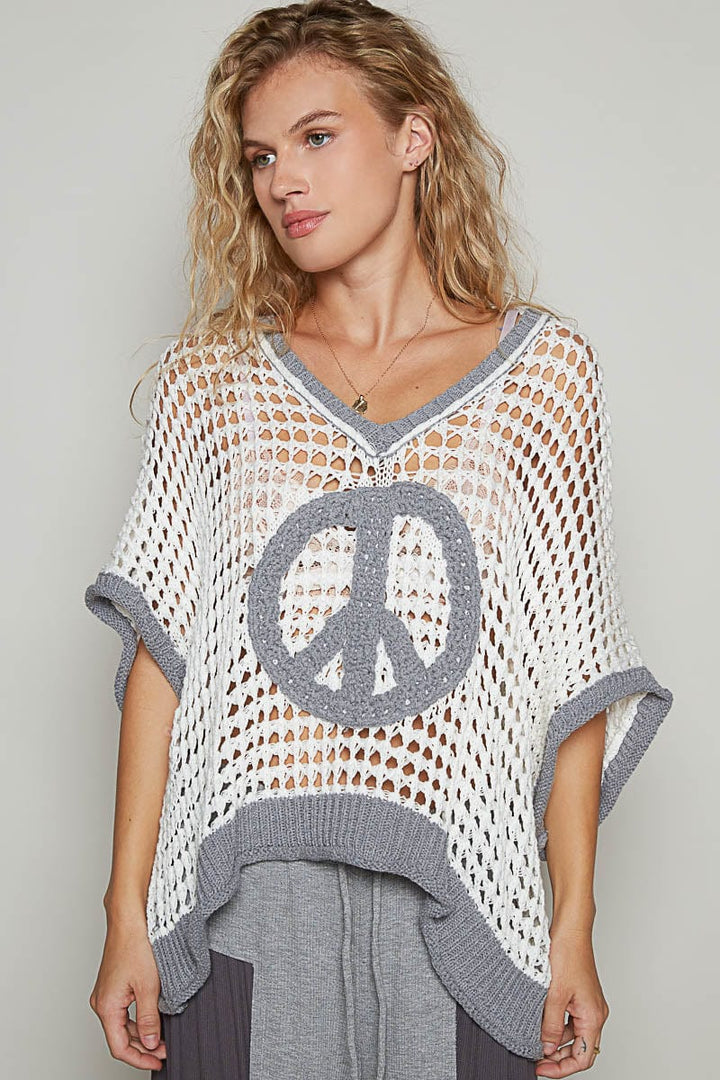 POL Slouchy Crochet Peace Sign Color Blocked Sweater Pullover Top