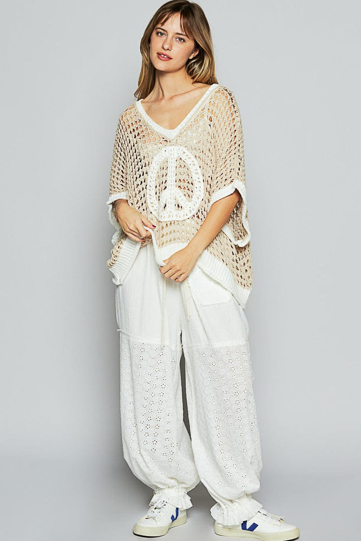 POL Slouchy Crochet Peace Sign Color Blocked Sweater Pullover Top