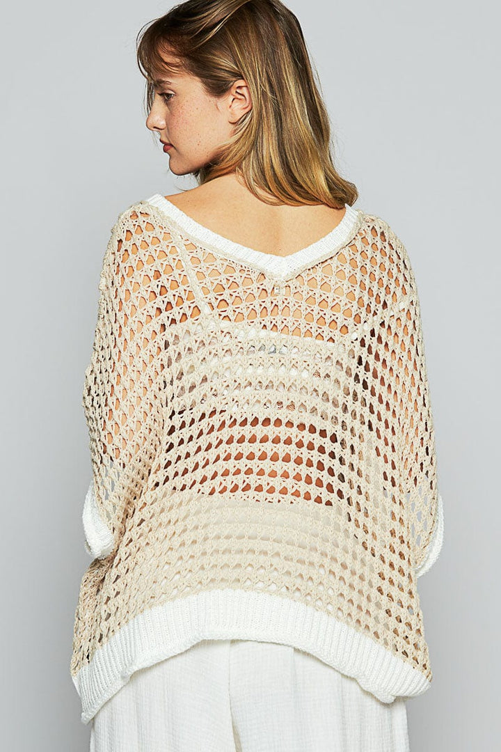 POL Slouchy Crochet Peace Sign Color Blocked Sweater Pullover Top