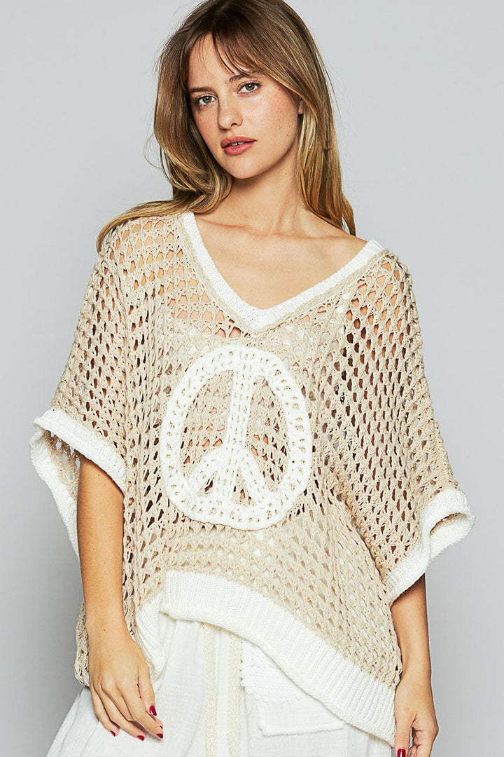 POL Slouchy Crochet Peace Sign Color Blocked Sweater Pullover Top