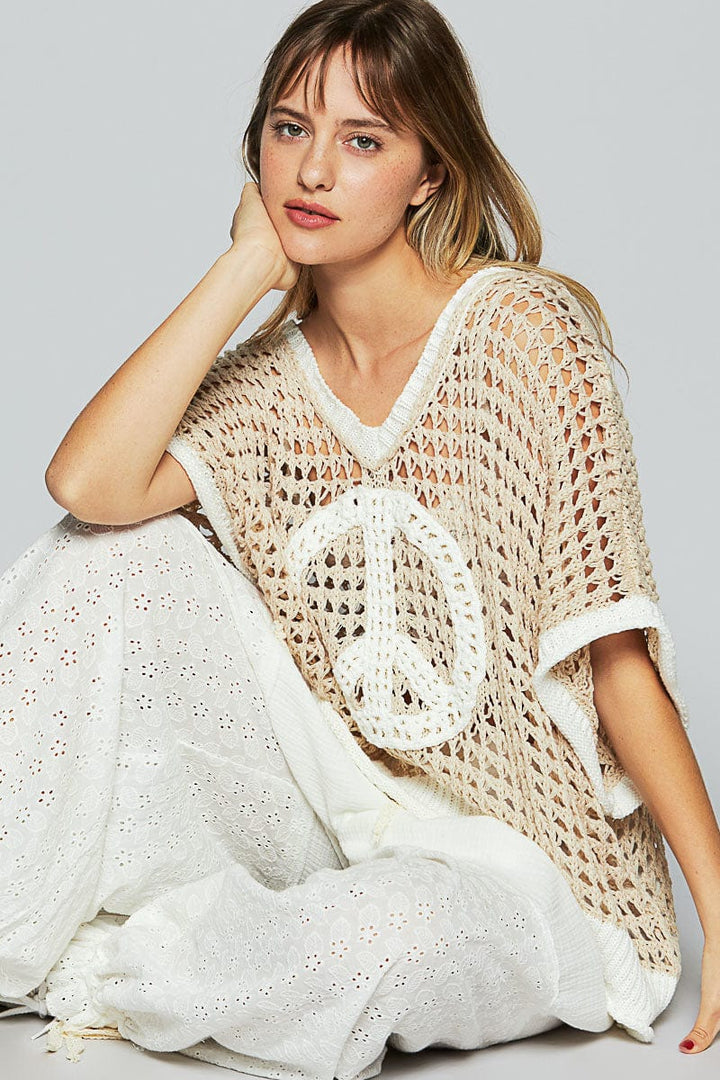 POL Slouchy Crochet Peace Sign Color Blocked Sweater Pullover Top