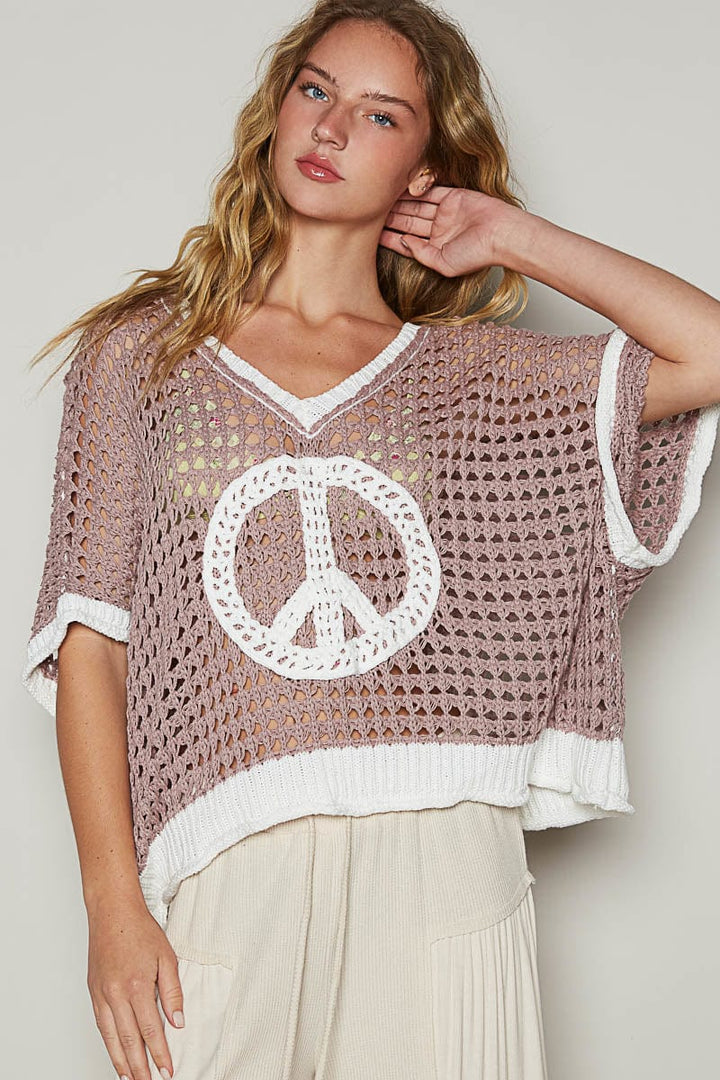 POL Slouchy Crochet Peace Sign Color Blocked Sweater Pullover Top