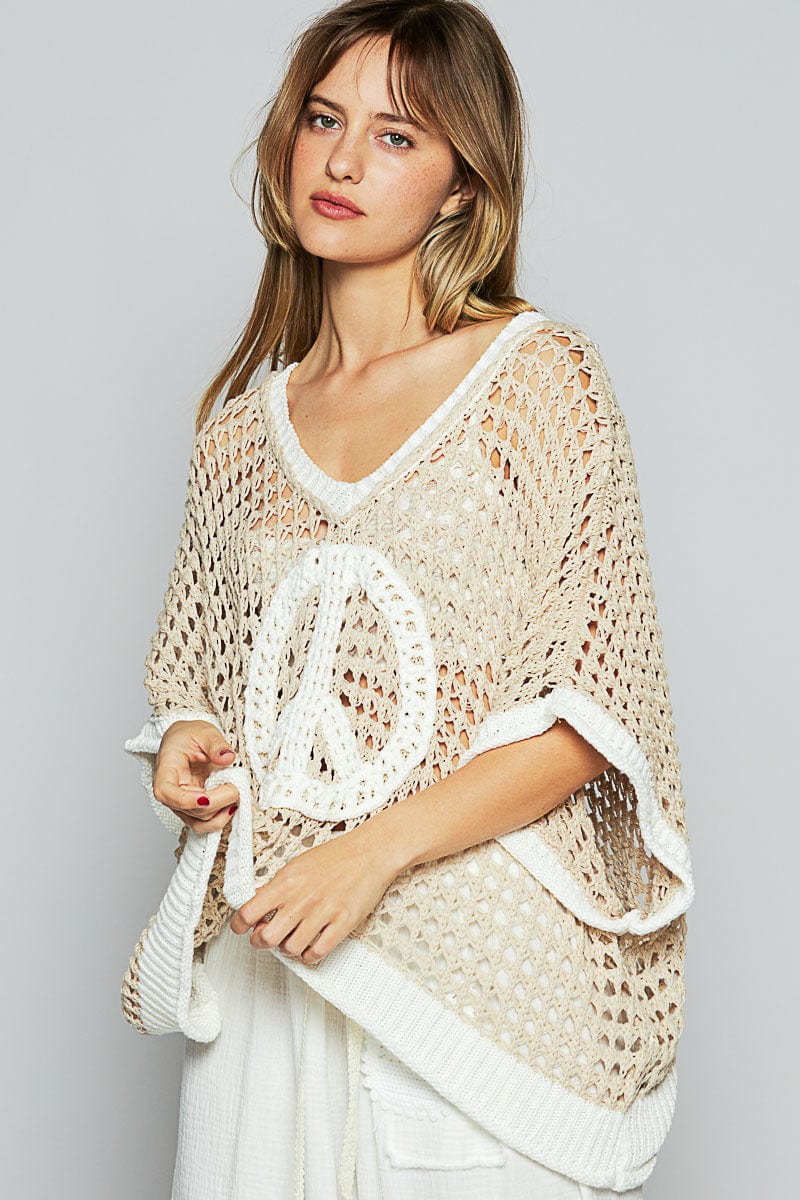 POL Slouchy Crochet Peace Sign Color Blocked Sweater