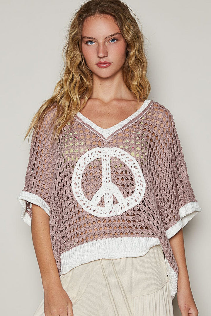 POL Slouchy Crochet Peace Sign Color Blocked Sweater Pullover Top