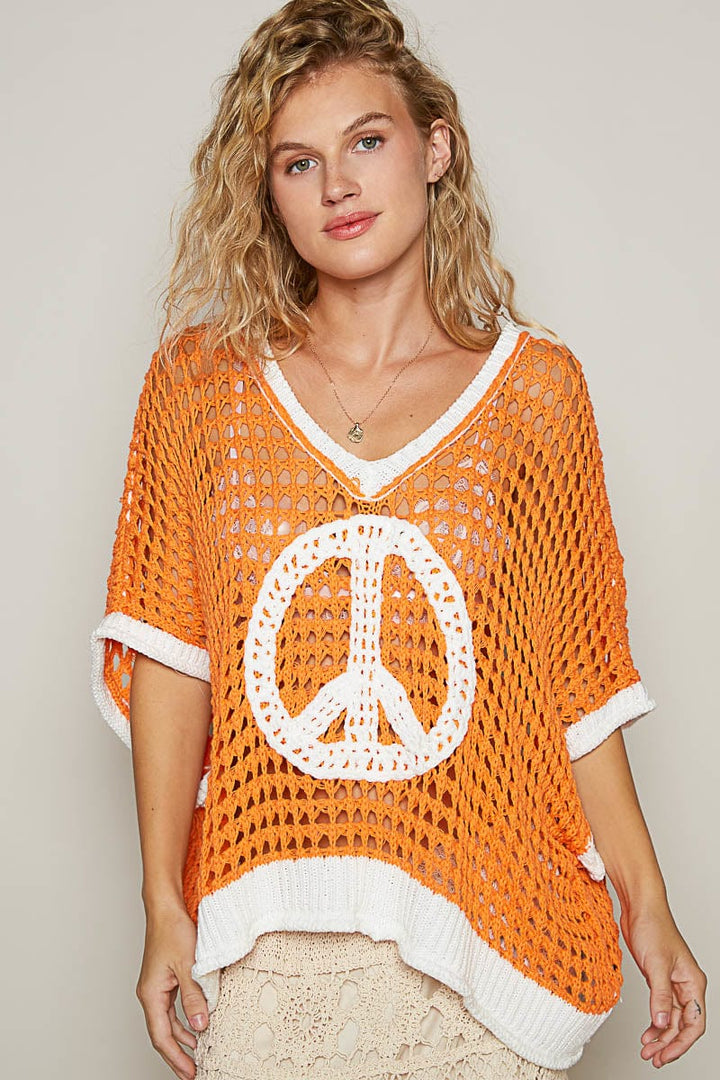 POL Slouchy Crochet Peace Sign Color Blocked Sweater Pullover Top