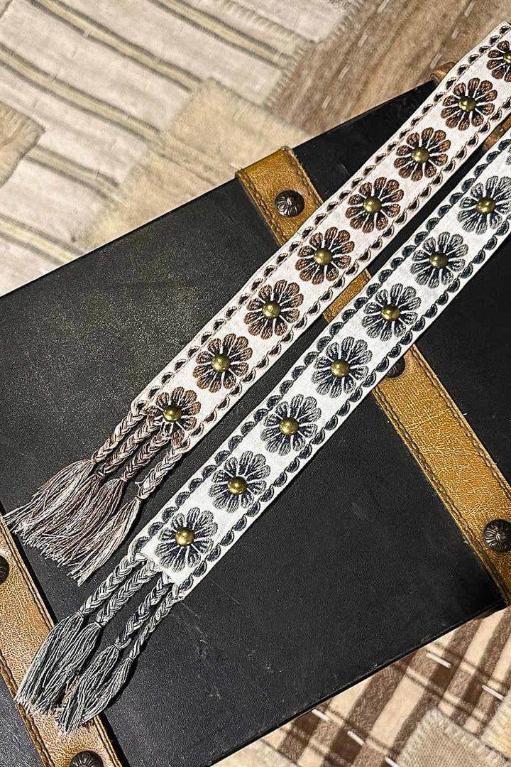 POL Stud Center Embroidered Scallop and Flower Braided End Tie Belt