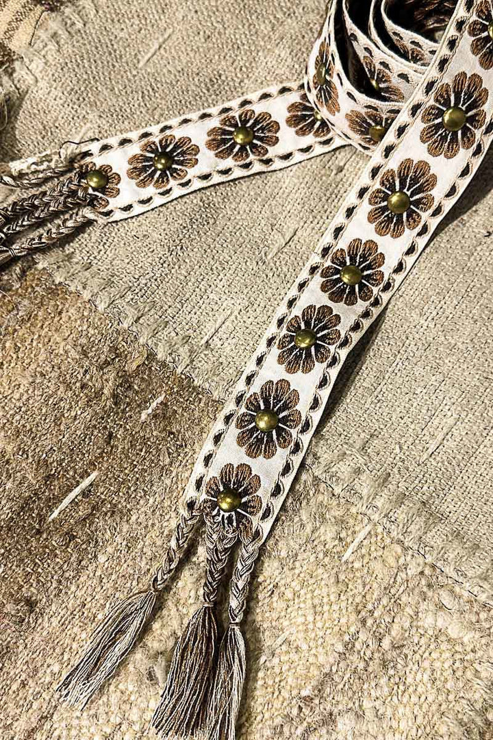 POL Stud Center Embroidered Scallop and Flower Braided End Tie Belt